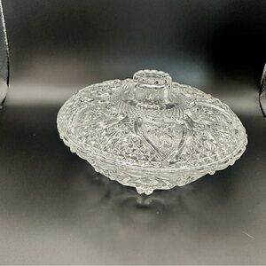 KIG Malaysia Clear Pressed Glass Candy Dish with Lid Hearts Roses 7 inches wide